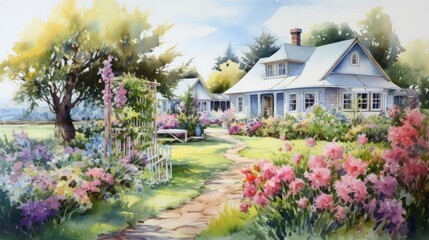 Generative AI Charming cottage gardens in full bloom. aquarelle