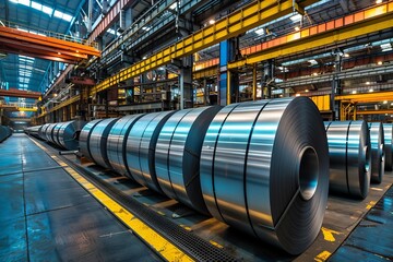 Steel coils in a storage area of a manufacturing plant Industrial setting - obrazy, fototapety, plakaty