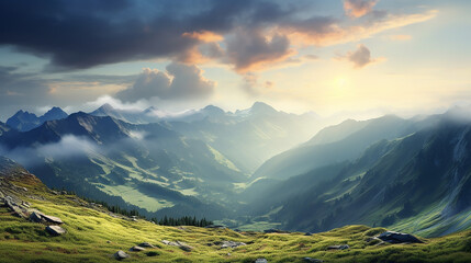 Breathtaking panorama of morning wild nature high in mountain with sunrise - obrazy, fototapety, plakaty