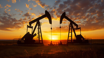 Oil pumps on a background of the setting sun. Oil industry equipment.