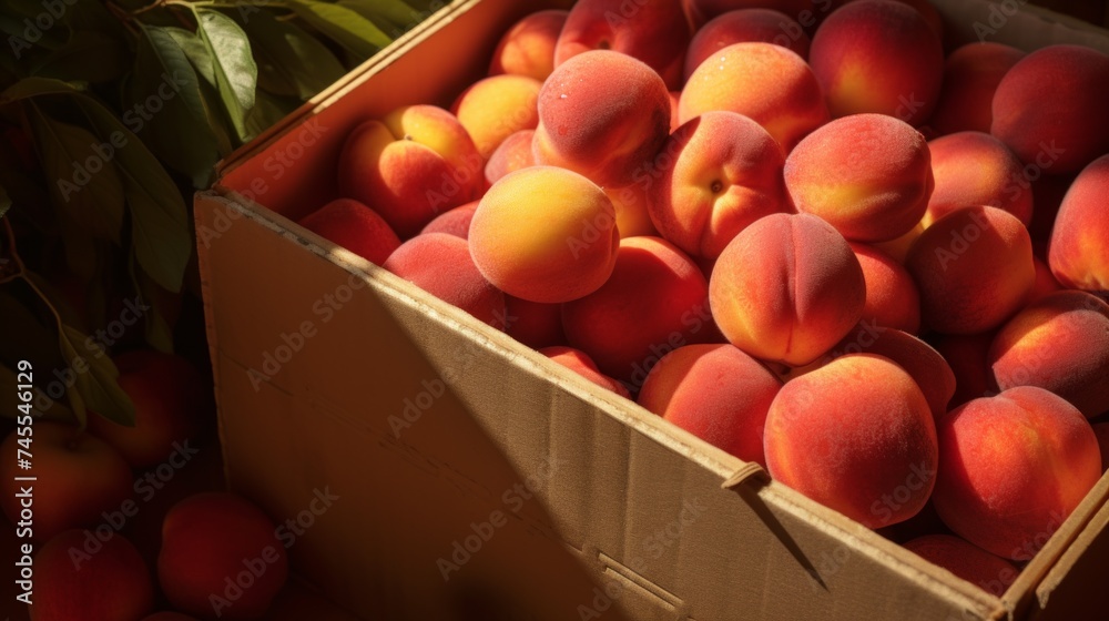 Poster Close-up realistic photo capturing a box filled with juicy nectarines Generative AI