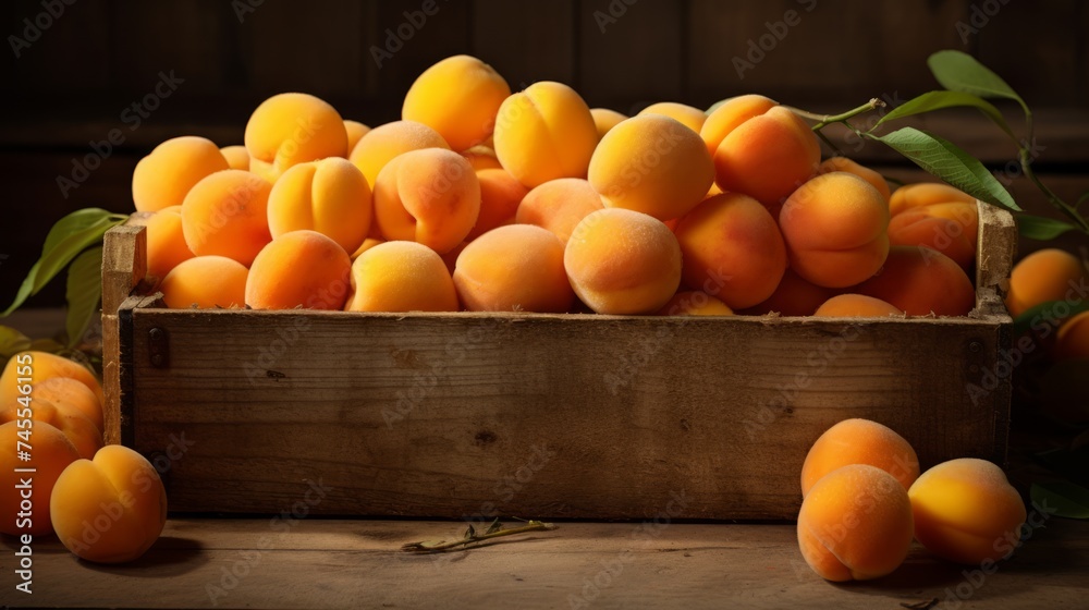 Aufkleber Close-up realistic photo capturing a box filled with ripe apricots Generative AI