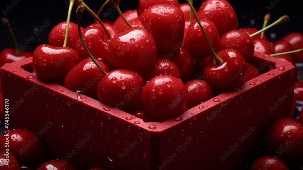 Poster close-up realistic photo capturing a box of bright red cherries generative ai