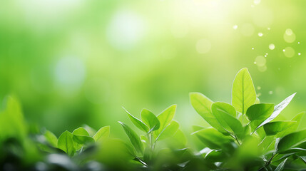 Close up of green nature leaf on blurred greenery background with sunlight