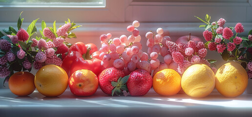 All types of fruits on table. Created with Ai