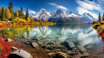 Colorful summer panorama of the Lac Blanc lake with mountain and pine tree - obrazy, fototapety, plakaty
