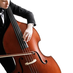 Double bass player contrabass. Orchestra musician playing string music instrument
