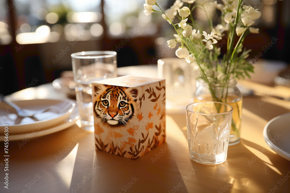 Poster a charming paper napkin with a cute animal print on a dining table