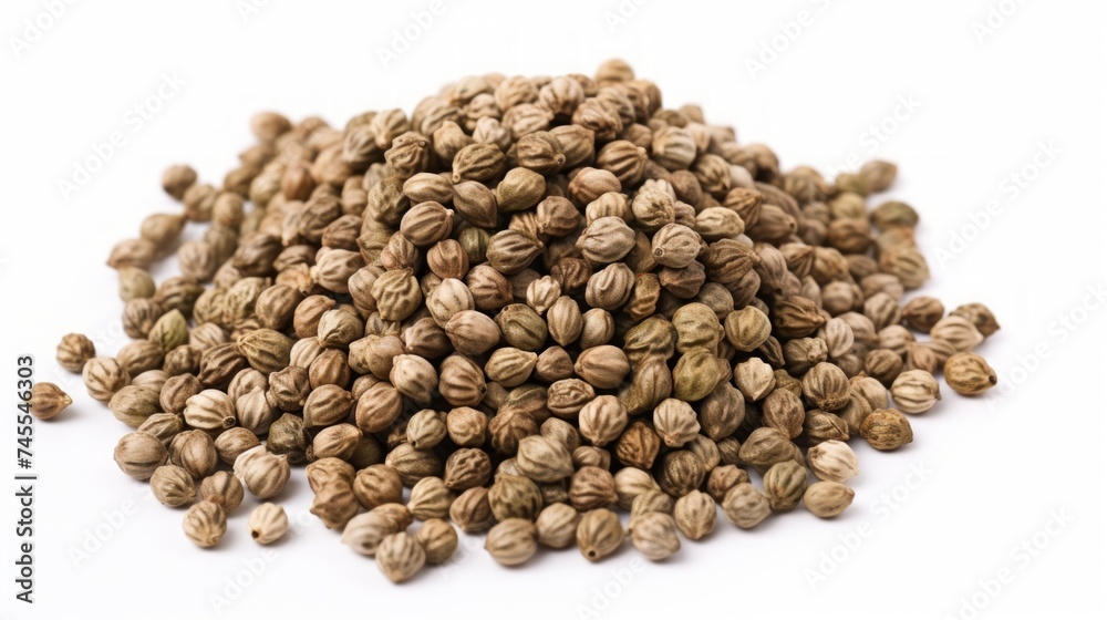 Poster Close-up realistic photo featuring a small pile of hemp seeds on a white background Generative AI