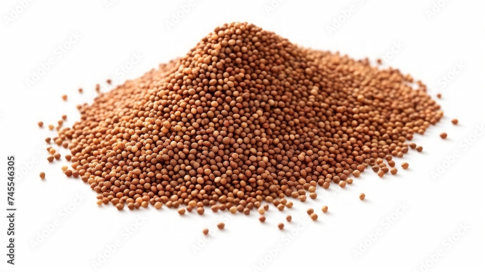 Poster close-up realistic photo featuring a small pile of sorghum grains on a white background generative a