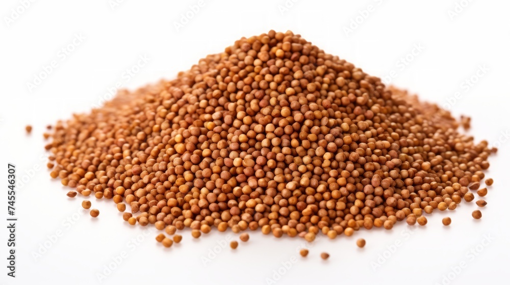 Poster close-up realistic photo featuring a small pile of sorghum grains on a white background generative a