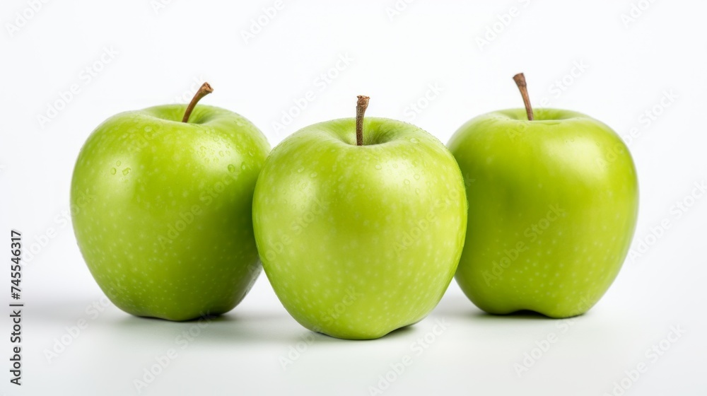Poster Close-up realistic photo featuring three crisp green apples on a white background Generative AI