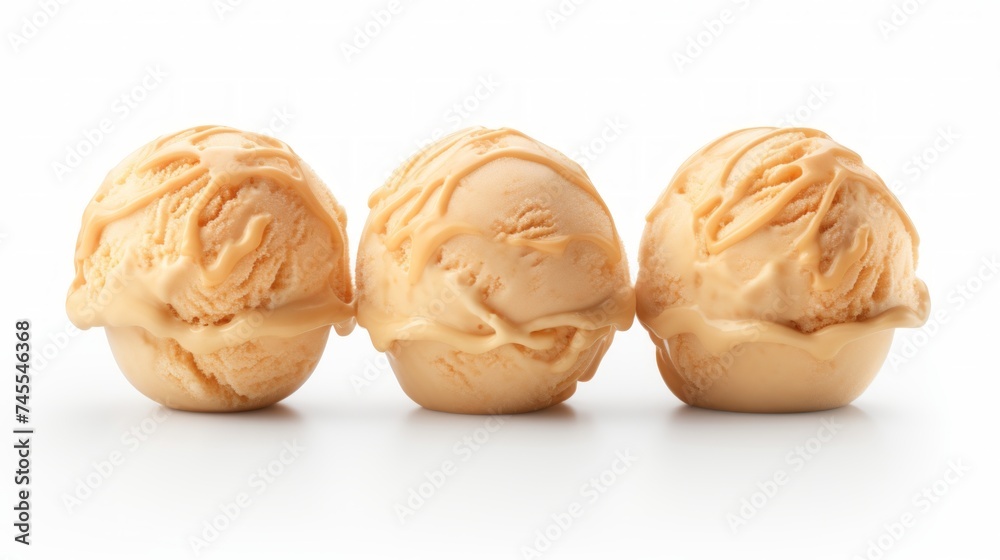 Aufkleber Close-up realistic photo featuring three scoops of creamy caramel ice cream on a white background Generative AI