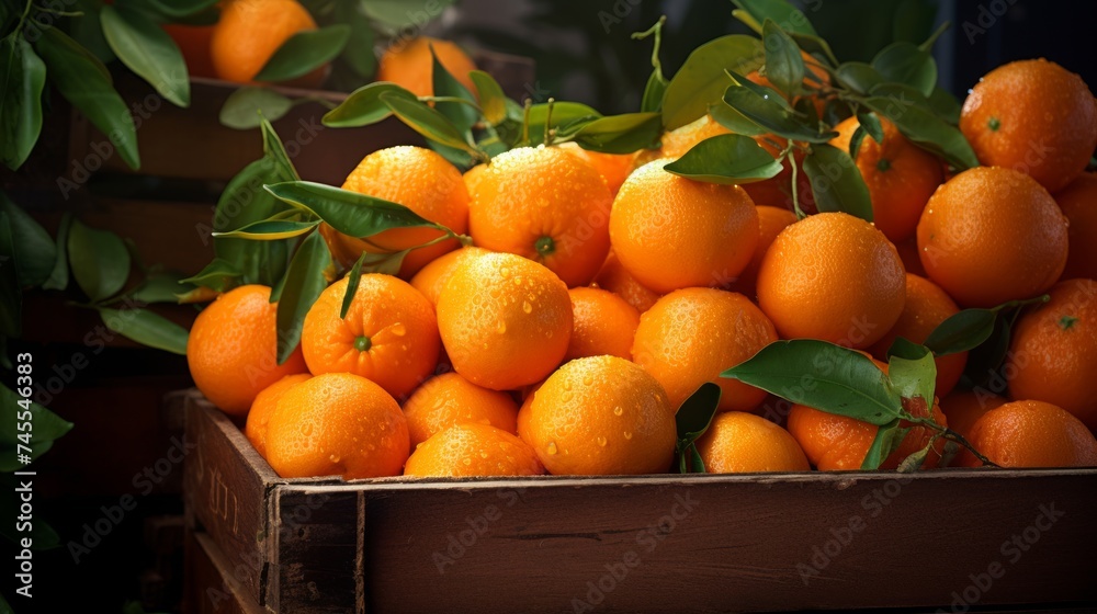 Poster Close-up realistic photo of a box filled with juicy oranges and tangerines Generative AI