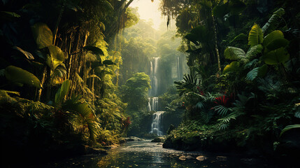Deep tropical jungles of Southeast Asia with sunlight and waterfall background