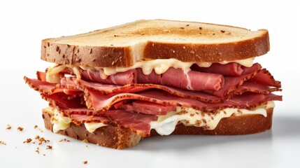 Close-up realistic photo of a Reuben sandwich with pastrami on a white background Generative AI - obrazy, fototapety, plakaty