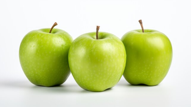Close-up realistic photo featuring three crisp green apples on a white background Generative AI