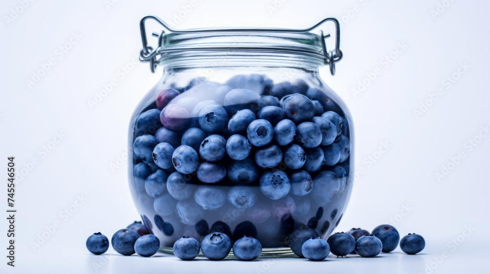 Poster close-up realistic photo showcasing a glass jar filled with vibrant blueberries against a white back