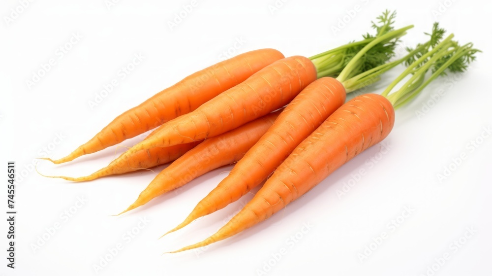 Poster close-up realistic photo showcasing three freshly harvested carrots on a white background generative