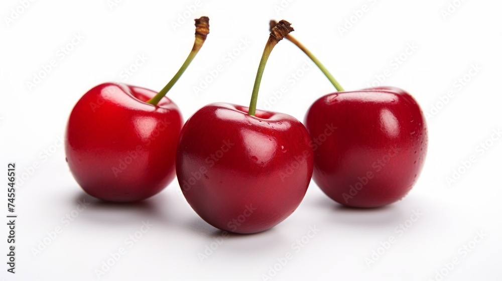 Poster close-up realistic photo showcasing three sweet, ripe red cherries on a white background generative 