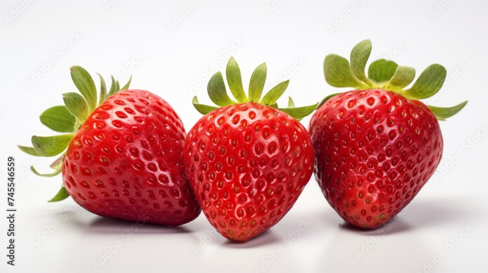 Poster close-up realistic photo showcasing three vibrant strawberries on a white background generative ai