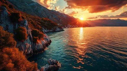 Generative AI Coastal panorama, drone's eye view, sun dipping, tranquil fjord waters, realistic sunset scene in Norwegian fjords - obrazy, fototapety, plakaty