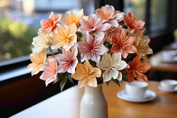 A small and charming disposable vase with a bouquet of paper flowers on a dining table