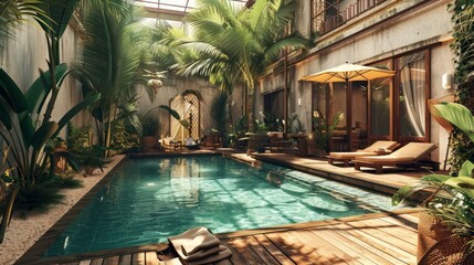 Generative AI Courtyard pool in a tropical house, palm trees, exotic plants, wooden deck, refreshing ambiance, detailed and picturesque depiction