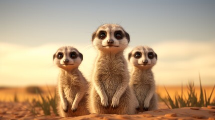 Generative AI Curious meerkats standing alert in the desert. - obrazy, fototapety, plakaty