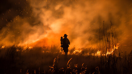 Obraz na płótnie Canvas Silhouette of a man on the background of a burning field
