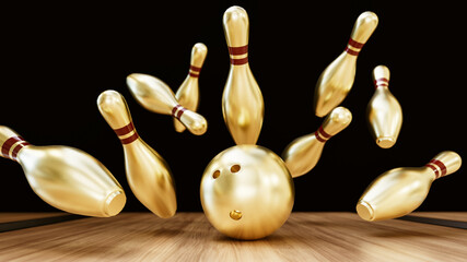 A golden bowling ball is hitting golden bowling pins.