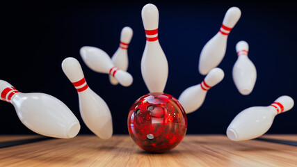 A bowling ball is hitting golden bowling pins.