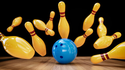 A bowling ball is hitting golden bowling pins.