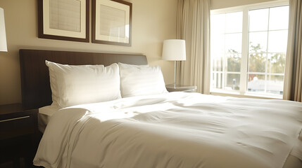Interior of a hotel bedroom with white linens and bedding