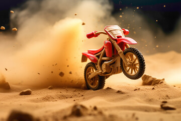 Fototapeta na wymiar A vibrant red miniature motorbike zooming through a sandy playground, leaving a trail of dust behind.