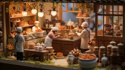 Generative AI Detailed miniature figurines preparing maple-infused pastries and desserts in a whimsical cottagepunk kitchen