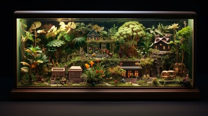 Generative AI Detailed miniatures showcasing a botanical garden with rare plant species, illustrated in a grocery art style emphasizing ecological preservation. - obrazy, fototapety, plakaty