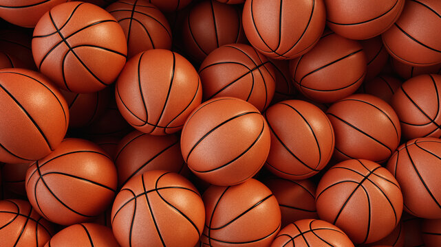 A pile of basketballs are stacked on top of each other.