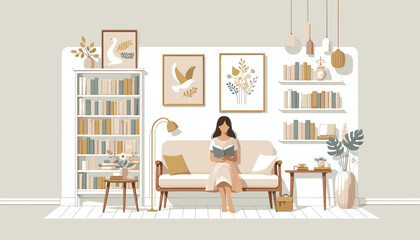 Concept of image of people happily reading book. Vector illustration.