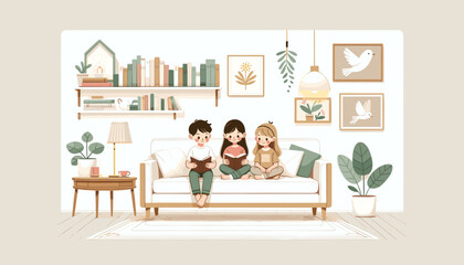 Concept of image of people happily reading book. Vector illustration.