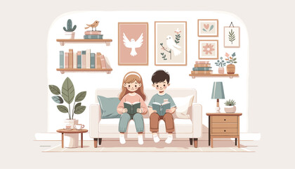 Concept of image of people happily reading book. Vector illustration.
