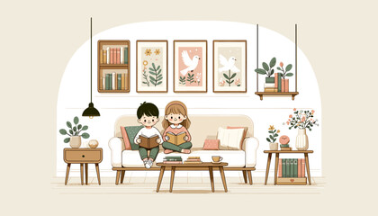 Concept of image of people happily reading book. Vector illustration.