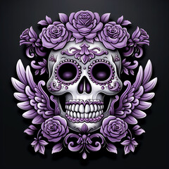 Skull and roses. Traditional symbols of the day of death. Traditions of Mexico. Illustration for clothing design, cards, banners, advertising booklets