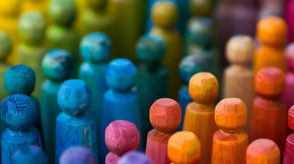 Wooden figures of different colors standing together, symbolize diversity and inclusion - obrazy, fototapety, plakaty