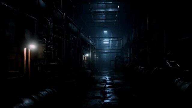 Eerie Factory: Machinery Labyrinth in Dimly Lit Corridors