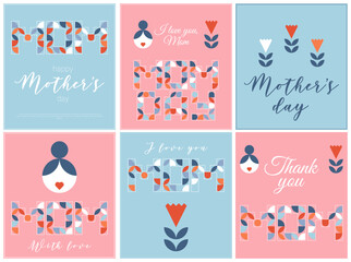 Happy Mothers, Moms Day Carnation, flower, woman and other geometric shapes. Lettering in style. Abstract greeting posters set. Minimalistic vector illustration