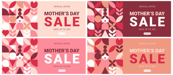 Happy Mothers, Moms Day. Trendy geometric shapes carnation, flower and more in retro style. Promo sale banner set. Seasonal offer. vector illustration