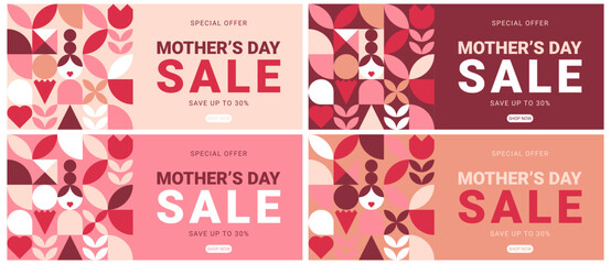 Naklejka premium Happy Mothers, Moms Day. Trendy geometric shapes carnation, flower and more in retro style. Promo sale banner set. Seasonal offer. vector illustration
