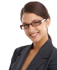 Woman, smile in portrait and glasses with business vision for eye care, investigative journalist and optometry. Prescription lens, frame and headshot of professional reporter on white background