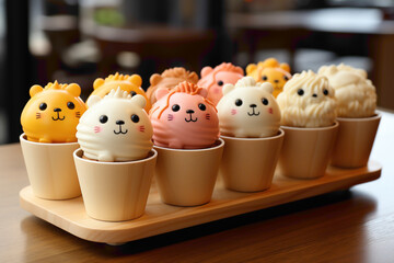 An endearing disposable cupcake stand with adorable animal characters on a dessert buffet - obrazy, fototapety, plakaty